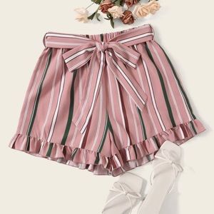 SHEIN self belted ruffle hem stripped shorts